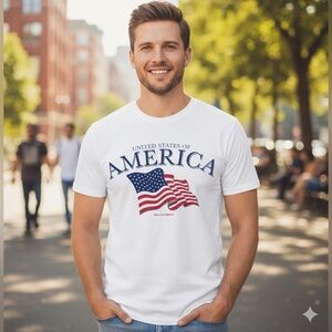 Gildan Flag T-Shirt Cotton White Red Blue July 4 America Patriotic Mens Tee M